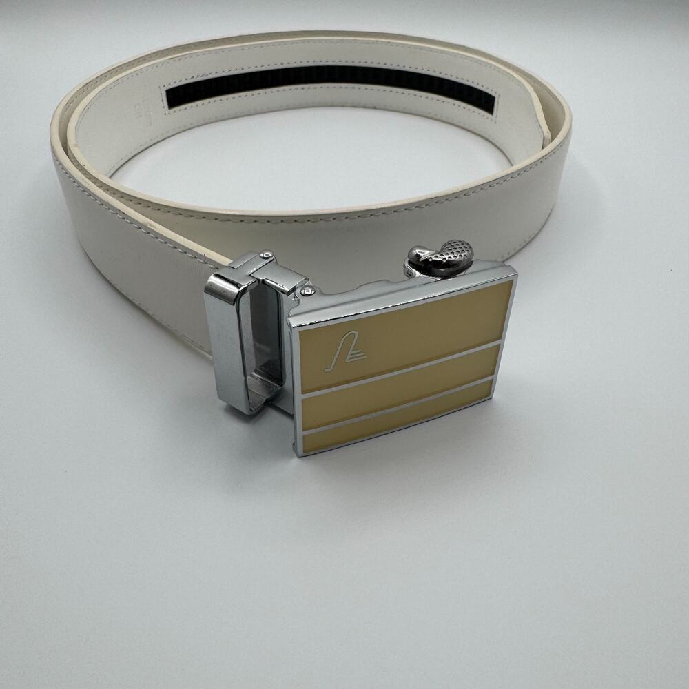 Mission Belt White Leather Ratchet Belt Mens 43" Long Stainless Steel Buckle